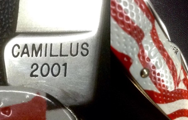 Left - The Main Blade Front Tang Stamp.<br />Right - The Main Handle Side U.S. Stamp.<br />CAMILLUS 1760F-&quot;Ol' Glory&quot; Series<br />Pocket Knife #22.