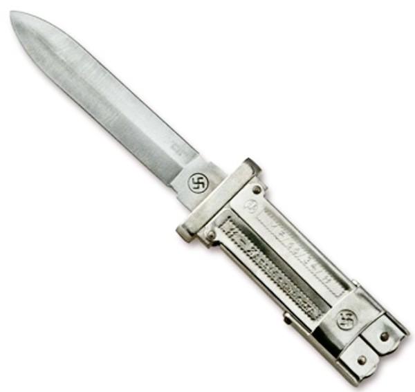 Picture #1. - &quot;Purportedly issued to SS Paratroopers, these “pantograph” type pocket knives feature a unique folding handle that completely encases the blade when closed. SS marked along with the RZM number assigned to the prestigious Eickhorn firm, M7/66/34/SS. The extremely sharp, finely ground stainless steel blade is marked with a swastika. Price $15.95&quot;