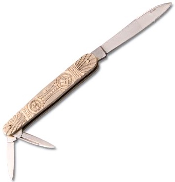 Picture #3. - &quot;Embossed with SS runes, swastika and art deco style designs on both sides, the solid brass scales of this pocket knife house three very sharp, stainless steel blades. Overall length is 3-3/4&quot;, with two 1-1/4&quot; and one 2-1/2&quot; blade. Price $17.95&quot;