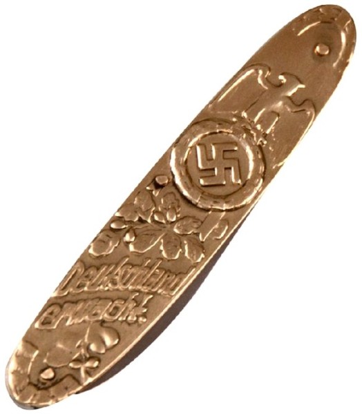 Picture #5b. - &quot;Adolf Hitler Pocket Knife with &quot;Meine erhe Heist Treue&quot; Inscription features a likeness of Adolf Hitler on one side and &quot;Deutschland Erwache&quot; on the other, with the SS motto inscription &quot;Meine erhe Heist Treue&quot; (My Honor is Loyalty) on the blade. The solid brass scales of these knives house very sharp, stainless steel blades. Overall length is 3-3/4” with 2-1/2&quot; blades. Price $12.95&quot;
