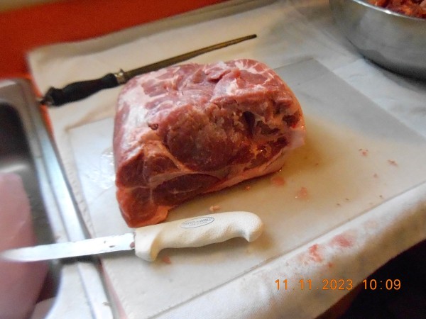We had 2 Boston Butts that weighed 18 pounds. Added 34 pounds of venison.