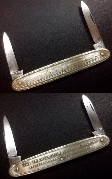 MERIDEN KNIFE Co.<br />Tang Stamp(s)=1917-1932.<br />Landers, Frary &amp; Clark Bought Out Meriden In 1918.<br />Top - The Main Handle Side. (Train)<br />Bottom - The Other Handle Side. (Text)