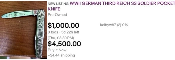 Item Description From The Seller.<br />&quot;German WWII Waffen SS Pocket Knife. Measures 7 7/8 inches long with two blades open. <br />The longer blade is marked with a swastika surrounded by a round oak leaf border. It <br />reads Drittes Reich. It also has a swastika with a facsimile signature of Dictator Adolf <br />Hitler. Both sides of the handles shows a pair of SS runes and a swastika. Two piece two <br />rivet nickel construction with three steel blades. Unauthenticated, sold as&quot;