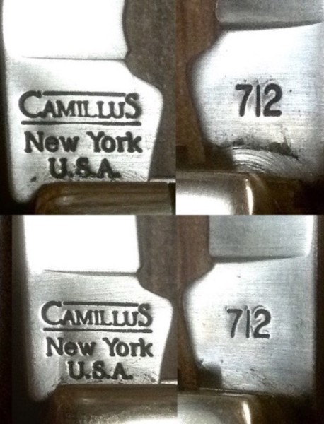 Top Left - The Main Blade (wonda edge) Front Tang Stamp.<br />Top Right - The Main Blade (wonda edge) Back Tang Stamp.<br />Bottom Left - The Third Blade Front Tang Stamp.<br />Bottom Right - The Third Blade Back Tang Stamp.