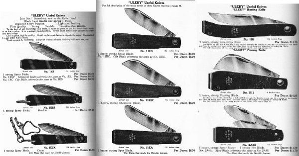 From The Napanoch Knife Company Catalog.<br />The Various Ulery Pocket Knife Patterns.<br />The 11ESF Is In The Center Column, In The Middle.
