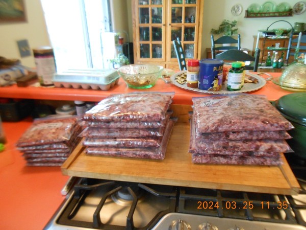 Dog food made from venison scraps, ready for the freezer, 10 4-pound+/-packages and 6 1-pound packages.
