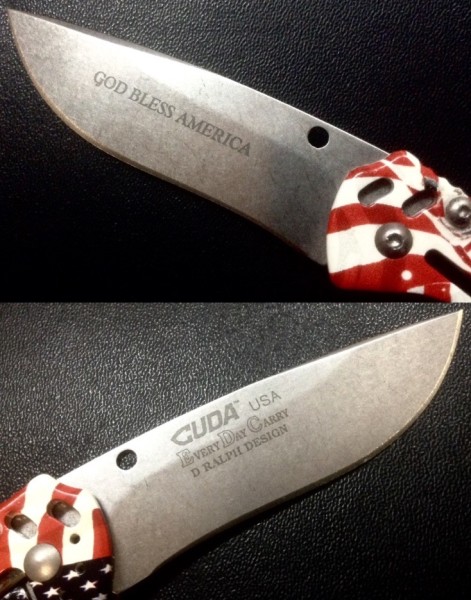 Top Picture - The Main Blade Front Etch.<br />Bottom Picture - The Main Blade Back Etch.<br />CAMILLUS (CUDA®) CU220F-&quot;Ol' Glory&quot; Series<br />Pocket Knife #36.