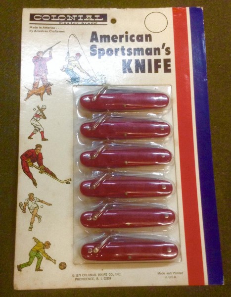 Picture #1. The Front Of The Display Card.<br />Six, Two Blade Pocket Knives With Bails.<br />By COLONIAL KNIFE CO., INC. From 1977.