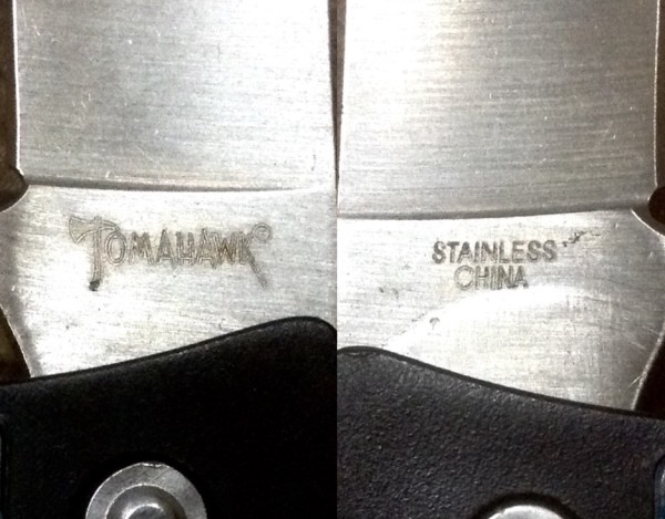 Picture #5.<br />See Description Pocket Knife #1.<br />Left - The Main Blade Front Tang Etch.<br />Right - The Main Blade Back Tang Etch.