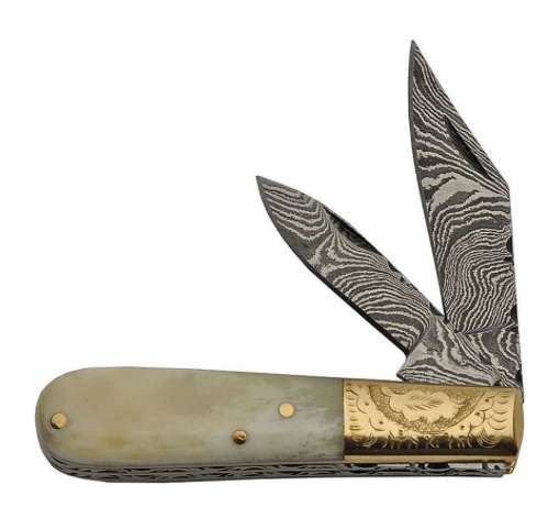 Rite Edge Damascus with camel bone scales and engraved brass bolsters
