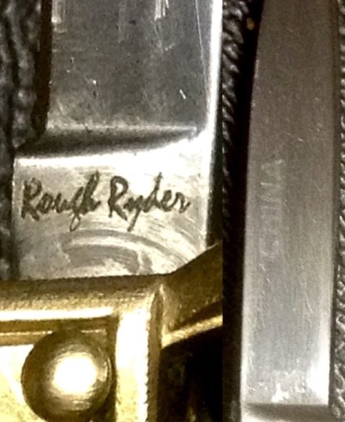 Picture #5.<br />See Description Pocket Knife #1.<br />Left - The Blade Front Tang Etch.<br />Right - The Blade Back Etch.