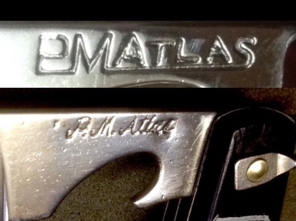 The Two Different Styles Of The PM ATLAS Blade/Tool Front Stamps.<br />Top Picture - Five Of My Seven PM ATLAS Pocket Knives Have This Stamp.<br />Bottom Picture - Two Of My Seven PM ATLAS Pocket Knives Have This Stamp.
