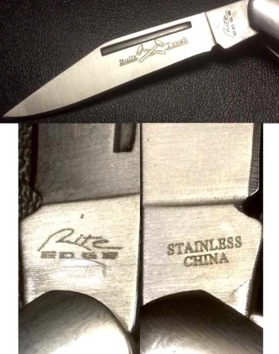 Picture #5.<br />See Description Pocket Knife #1.<br />Top - The Main Blade Front Etch.<br />Left - The Main Blade Front Tang Etch.<br />Right - The Main Blade Back Tang Etch.
