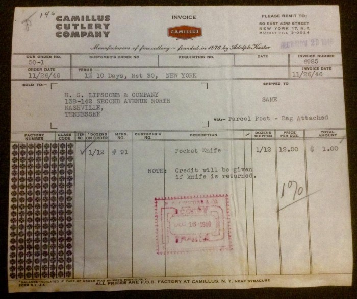 From My CAMILLUS Ephemera Collection, An Invoice From 1946. <br />It Is For One, CAMILLUS "91" Pocket Knife.<br />Obviously From A Different, Earlier Time Period Than My "91" Is.