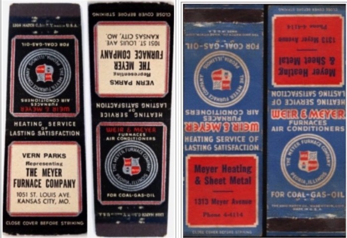 The Meyer Furnace Company And &quot;WEIR &amp; MEYER&quot; Matchbooks. Circa ?<br />NOT My Item(s). NOT My Picture(s).