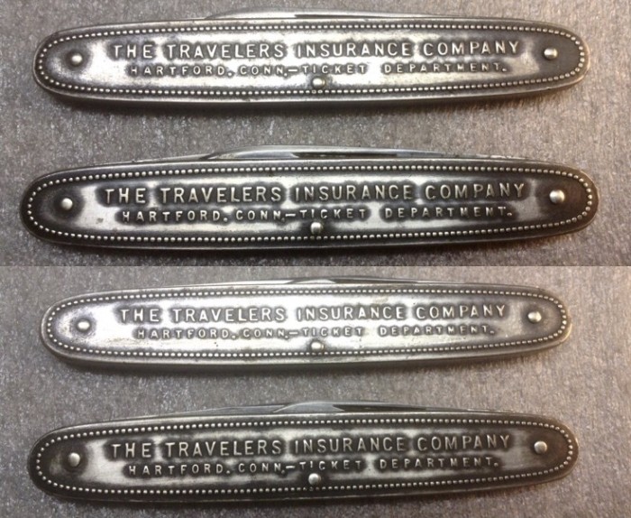 My Other Two, Landers, Frary, &amp; Clark, &quot;THE TRAVELERS INSURANCE COMPANY&quot; Pocket Knives.<br />The Top Two Pocket Knives - Text Advertising On The Main Handle Side.<br />The Bottom Two Pocket Knives - Text Advertising On The Other Handle Side.