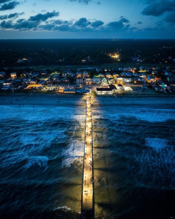 Drone shot of the Ocean Crest pier at night