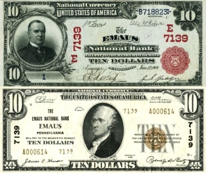 Emaus National Bank Currency.<br />Top Bill - Circa 1904.<br />Bottom Bill - Circa 1930's (?).<br />NOT My Item(s). NOT My Picture(s).