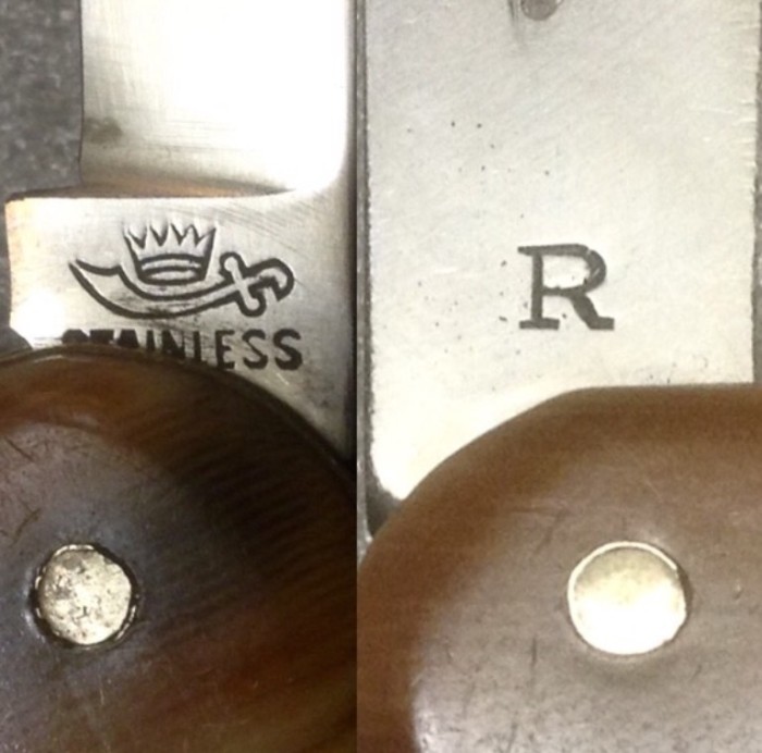 Left - The Secondary Blade Front Tang Stamp.<br />Right - The Can Opener Front Stamp.