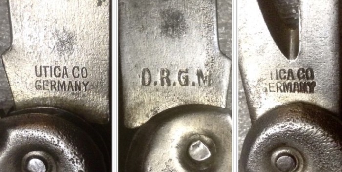 Left - The Main "Blade" Front Stamp.<br />Middle - The Main "Blade" Back Stamp.<br />Right - The Can Opener Tool, Front Stamp.