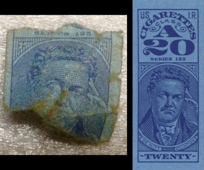 Left - The Remains Of The Cigarette Tax Revenue Stamp.<br />My Item. My Picture.<br />Right - A Completely Intact, Cigarette Tax Revenue Stamp.<br />NOT My Item. NOT My Picture.