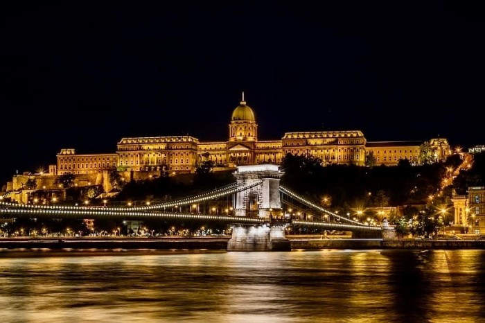 Buda Castle with Chain Bridge over Danube, illuminated