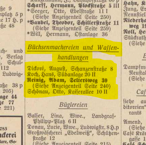 Ad stating A. Reinig as a cutler and arms dealer