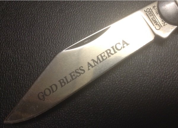 The Main Blade Etch.<br />CAMILLUS SB100F-"Ol' Glory" Series<br />Pocket Knife #43.