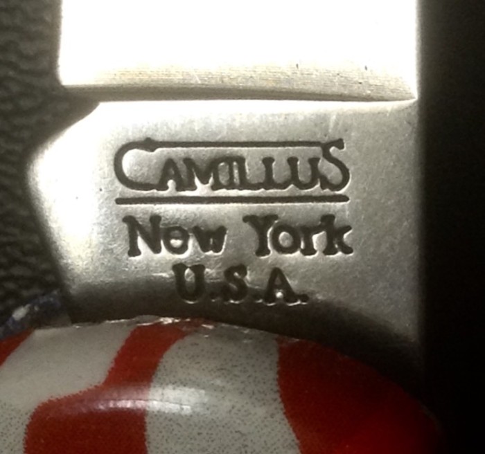 The Main Blade Front Tang Stamp.<br />CAMILLUS 907F-"Ol' Glory" Series<br />Pocket Knife #44.