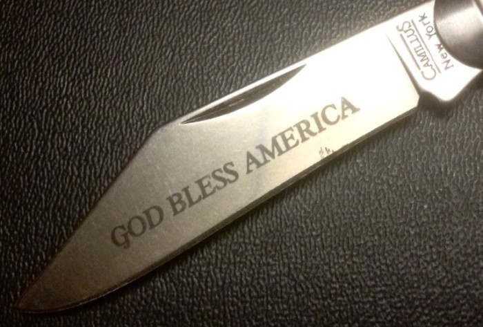 The Main Blade Etch.<br />CAMILLUS SB100F-"Ol' Glory" Series<br />Pocket Knife #45.