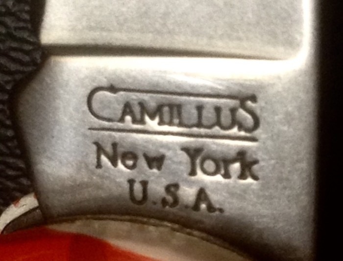The Main Blade Front Tang Stamp.<br />CAMILLUS 907F-"Ol' Glory" Series<br />Pocket Knife #46.