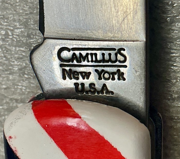 The Main Blade Front Tang Stamp.<br />CAMILLUS 907F-"Ol' Glory" Series<br />Pocket Knife #47.