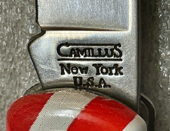 The Main Blade Front Tang Stamp.<br />CAMILLUS 907F-"Ol' Glory" Series<br />Pocket Knife #49.