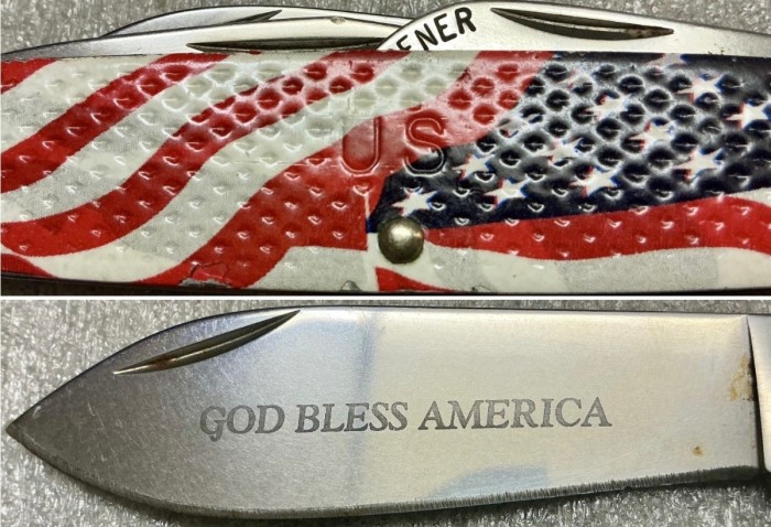 Top - The Main Handle Side “U.S.” Stamp.<br />Bottom - The Main Blade Etch.<br />CAMILLUS 1760F-"Ol' Glory" Series<br />Pocket Knife #50.