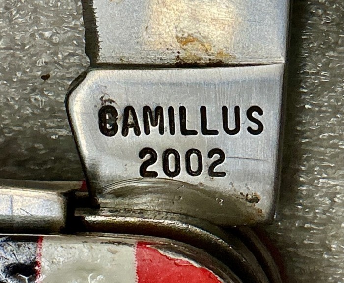 The Main Blade Front Tang Stamp.<br />CAMILLUS 1760F-"Ol' Glory" Series<br />Pocket Knife #50.
