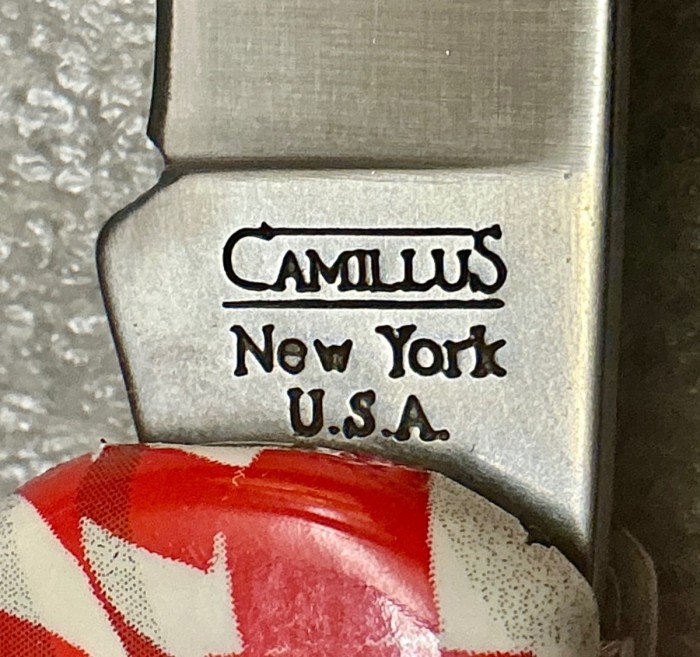 The Main Blade Front Tang Stamp.<br />CAMILLUS 907F-"Ol' Glory" Series<br />Pocket Knife #51.