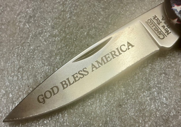 The Main Blade Front Etch.<br />CAMILLUS 907F-"Ol' Glory" Series<br />Pocket Knife #52.
