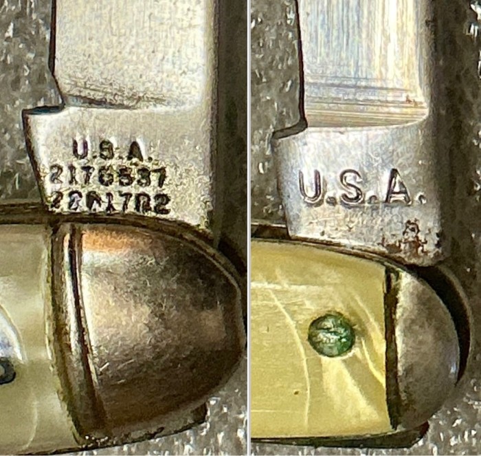 Left - The Main Blade Front Tang Stamp - Pocket Knife Pictures #1 and #2.<br />Right - The Main Blade Front Tang Stamp - Pocket Knife Pictures #3 and #4.