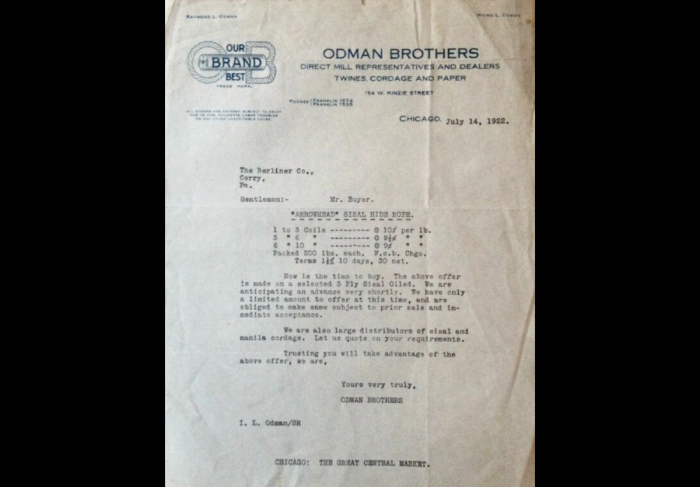 ODMAN BROTHERS Ephemera. Dated July 14, 1922.<br />NOT My Item(s). NOT My Picture(s).