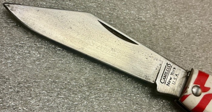 The Main Blade Front Etch. Barely Readable.<br />CAMILLUS SB100F-"Ol' Glory" Series<br />Pocket Knife #54.
