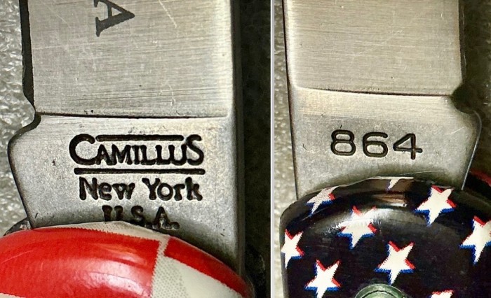 Left - The Main Blade Front Tang Stamp.<br />Right - The Main Blade Back Tang Stamp.<br />CAMILLUS 907F-"Ol' Glory" Series<br />Pocket Knife #55.