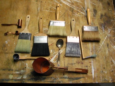 My nice brushes and dippers used to measure stain mixes and paint.